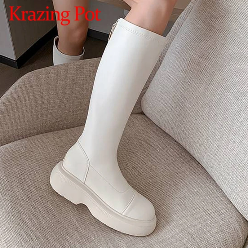 

Krazing Pot 2023 New Equestrian Boots Round Toe Thick High Heels Thick Bottom Simple Style Cozy Causal Zipper Thigh High Boots