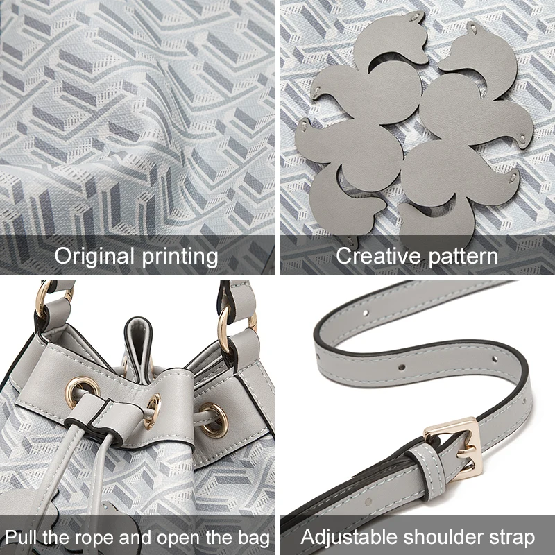 FOXER Brand Monogram Lady PU Leather Shoulder Bag Stylish Women's Versatile Bucket Crossbody Bag Female Drawstring Messenger Bag