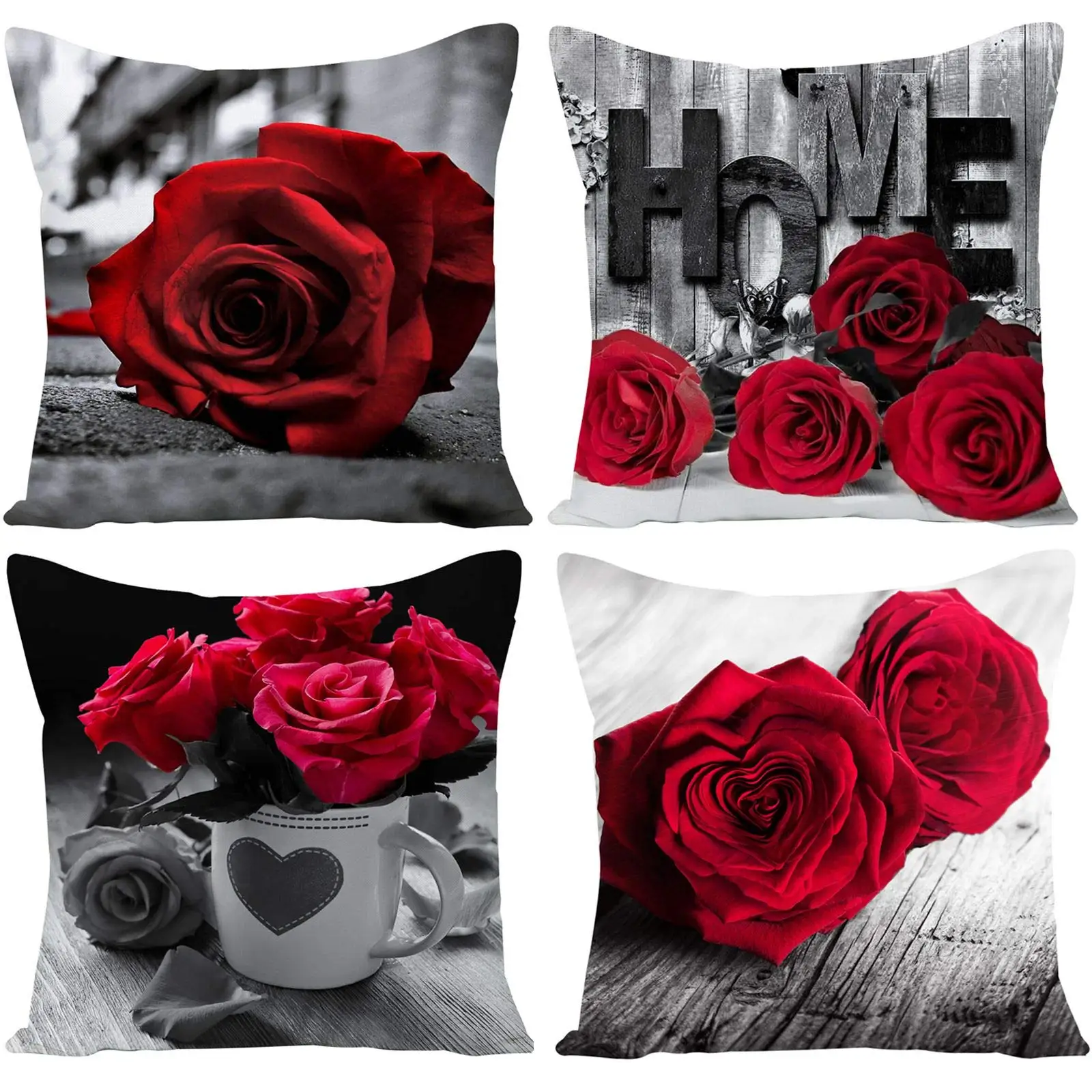 

45X45cm Home Improvement Decor Pillowcase Red Rose Flower Print Polyester Sofa Cushion Cover