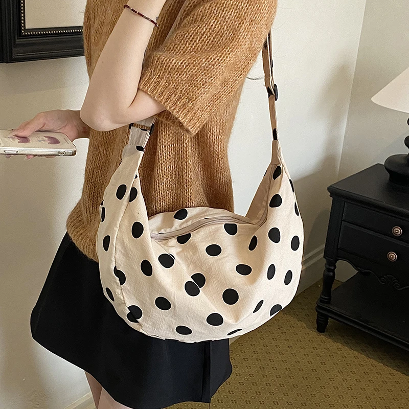 Borsa a Tracolla in Tela a Pois per Donna, Borsa Casual di Grande Capacità, Borsa Vintage con Stampa a Pois, Borse a Spalla per Shopping - immagine 3