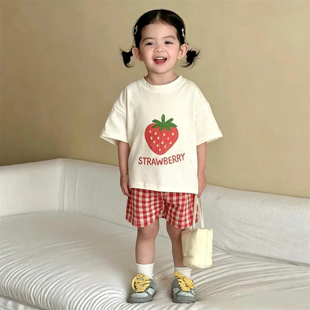 어린이 여름 패션 의류 라운드 넥 티셔츠 체크 무늬 반바지 2pcs 러블리 티셔..