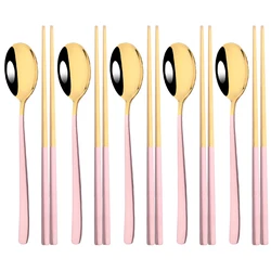 Elegant Stainless Steel Cutlery and Chopsticks Set - 10-Piece Dinnerware Collection (Pink Gold)