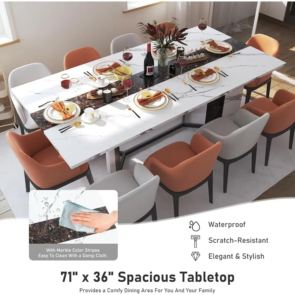 Dining Table Sets,71In Rectangular White Dining Table W/35 Marble-Color Wood Watrproof Tabletop,Living Room Dinings Set