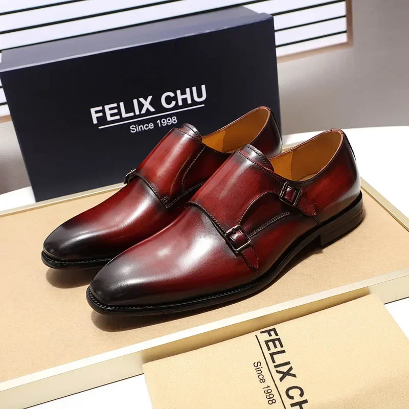 Handmade Genuine Leather Men's Oxfords Plain Toe Double Buckle Monk Strap Formal Classic Dress Shoes Size 6-13