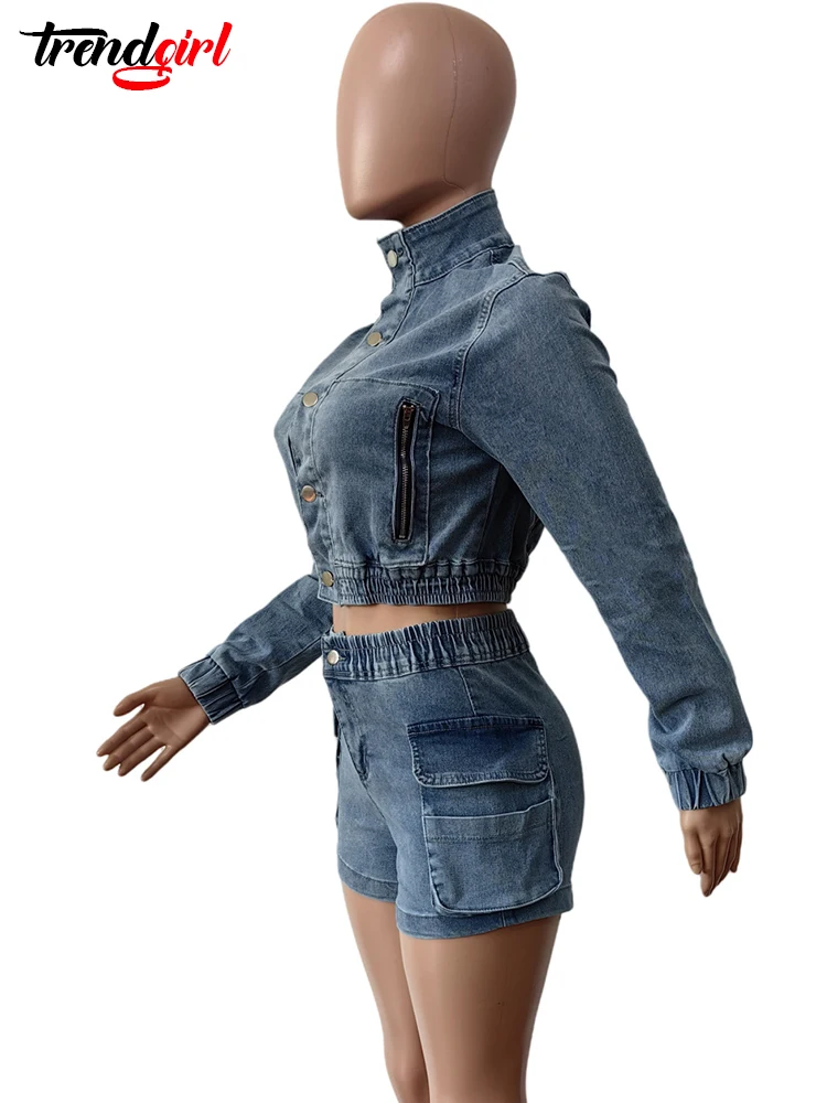 Trendgirl Stretch Denim Long Sleeve Two 2 Pieces Set Women‘s Streetwear Jacket Crop Tops and Shorts Jean Matching Suit Clubwear