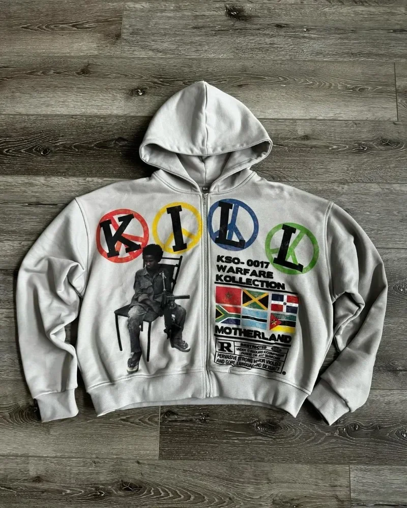 thumbnail image 1 of Sudadera con capucha holgada con cremallera de marca estadounidense de moda Y2K para hombre y mujer, chaqueta holgada con estampado de letras de dibujos animados versátil de estilo Harajuku callejero, 1 of 3