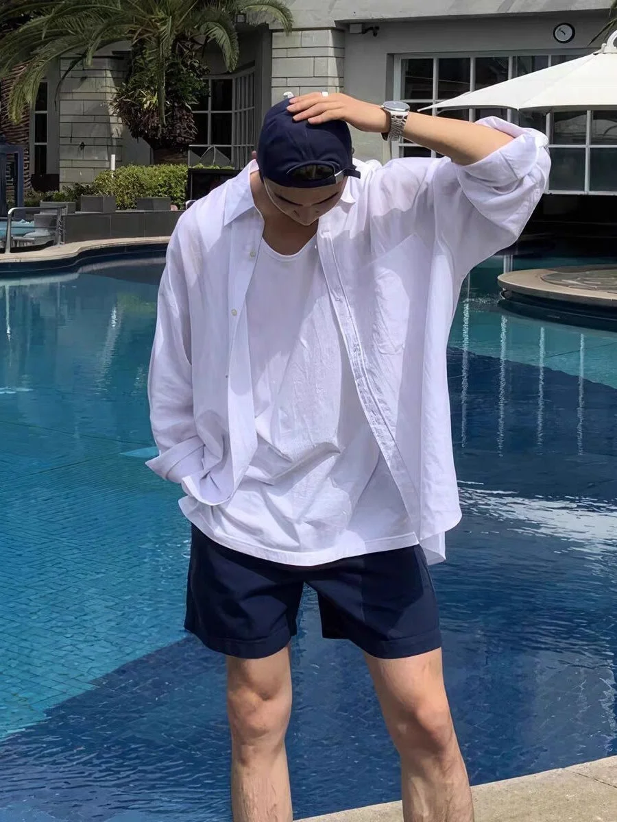 Blue Linen Men's irt Loose Fit Thin Long Sve Sun Protection Open Cardigan Collar Cotton Linen Workwear irt Lazy Sle