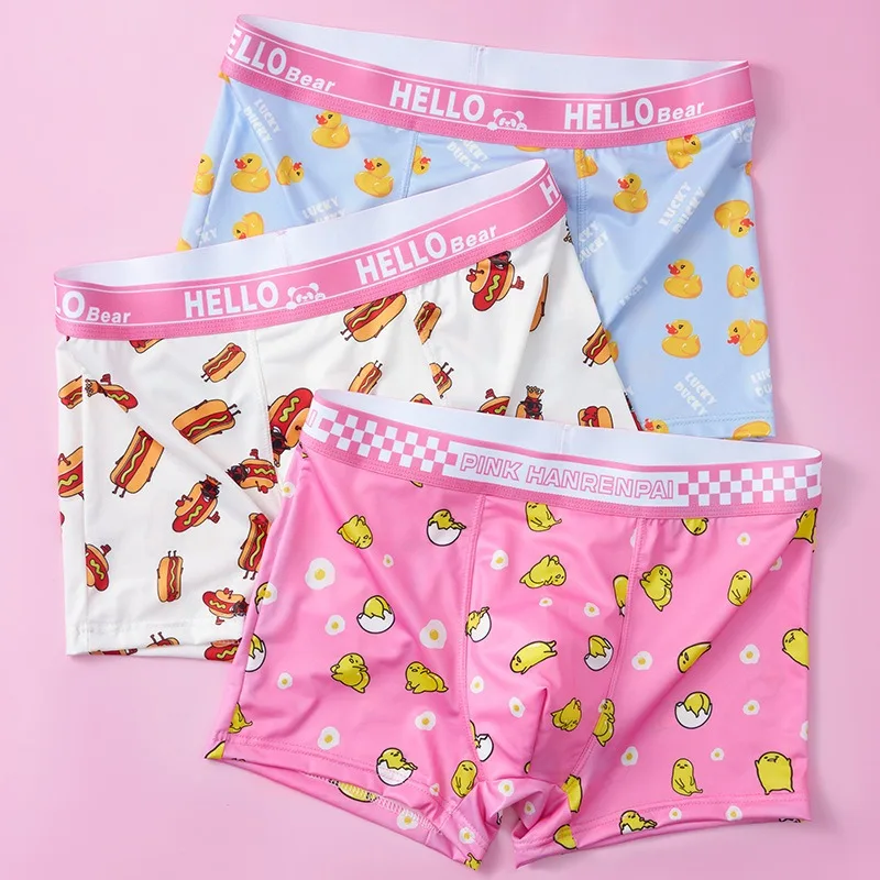 Cute Print Mens Fresh Flat Boxer Ice Silk Boys Shorts U Convesso Pouch Underwear Maschile Smooth Homme Mutandine Slip Elasticità Slip