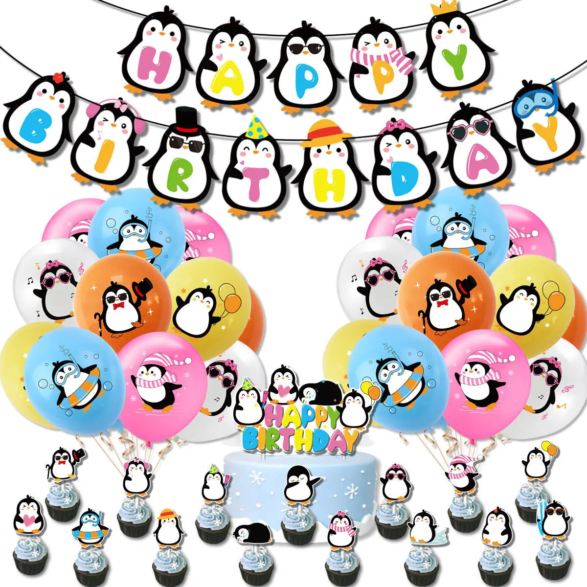 

Penguin Balloon Banner Cake Topper Baby Shower Seaside Beach Home Garden Decoration for Children's Birthday Party Supplies