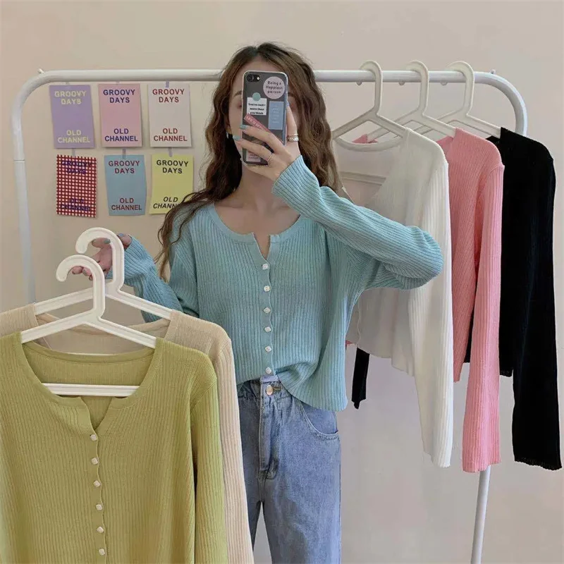 

Korean Autumn Thin Sweater Women V-Neck Cardigan Fashion Long Sleeve Button Knitted Sweaters Sun Protection Cropped Top Mujer