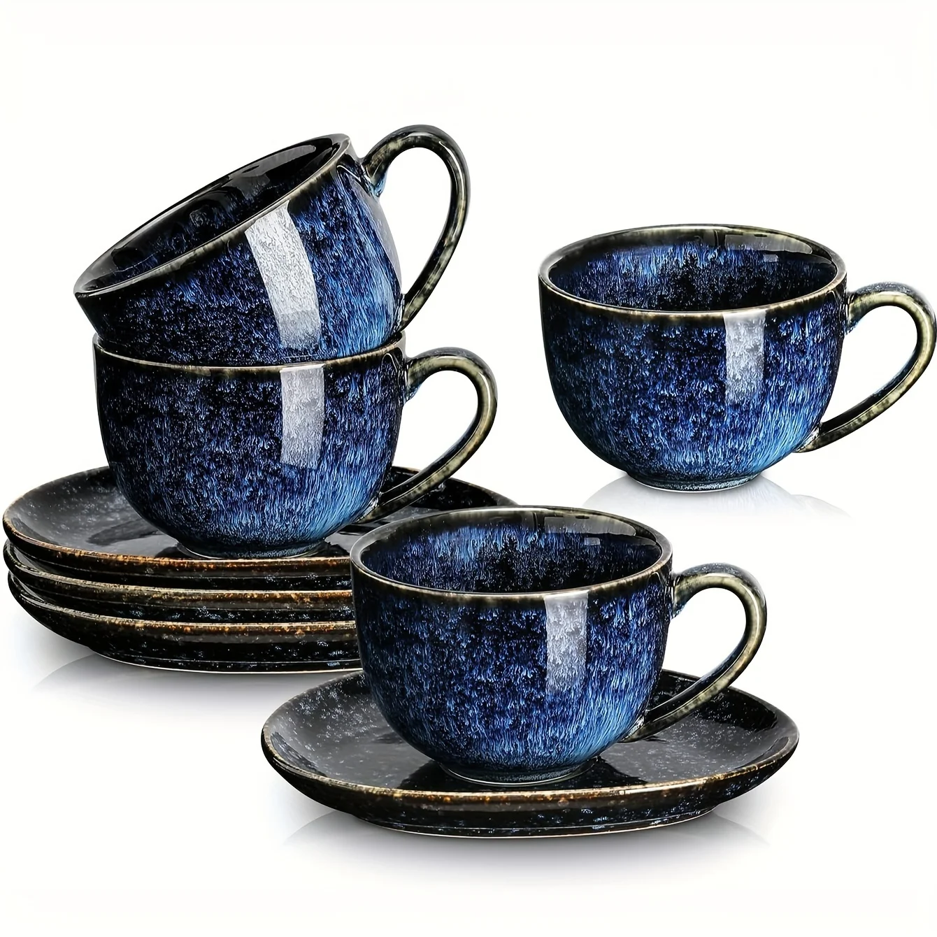 

4pcs, 6.5 Oz Cappuccino Cups With Saucers, Ceramic Coffee Cup For Double Shot, Au Lait, Latte, Tea, Cafe Mocha (Starry Blue) Sel