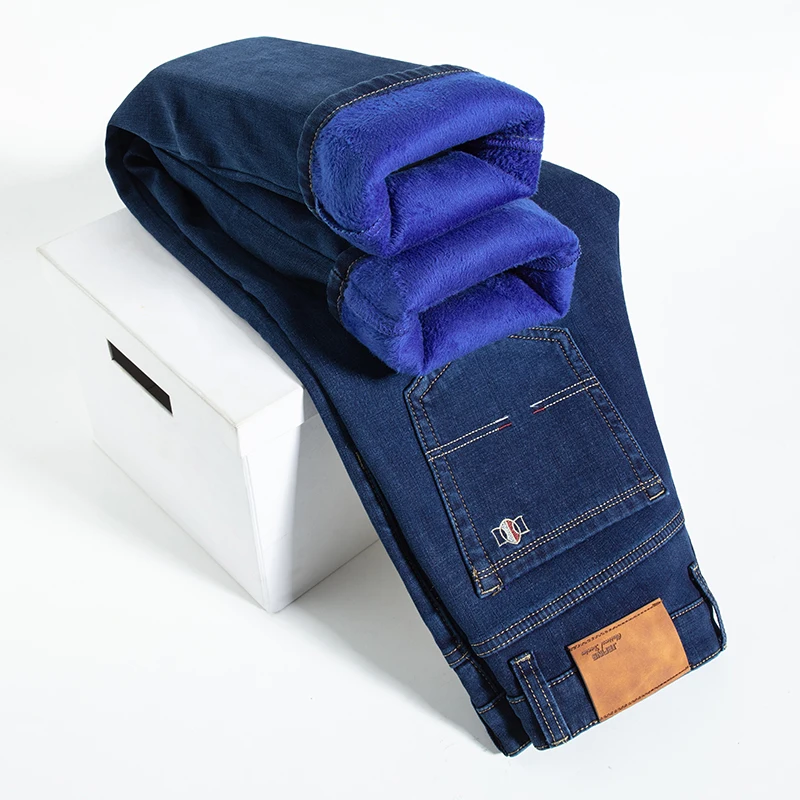 

Plus Size 44 46 Men's Straight Baggy Jeans Winter Fleece Warm Fashion Blue Plush Trousers Casual Stretch Male Denim Pants