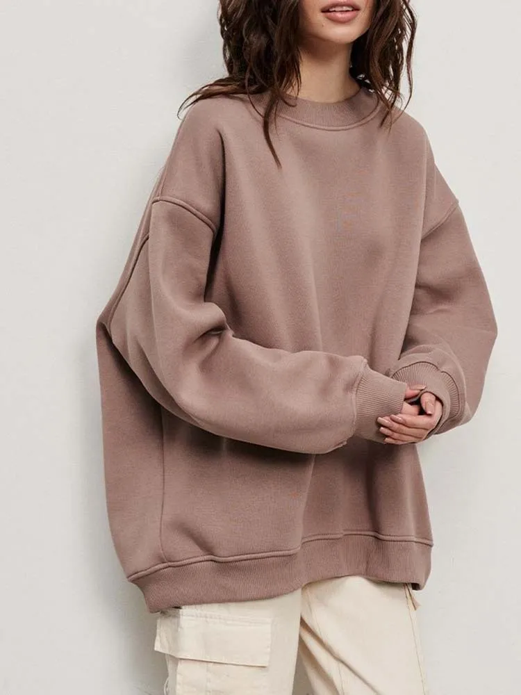 Women Sweatshirt 2023 Autumn Winter Solid Fleece Oversized Pullovers Female Casual O Neck Loose Hoodies
