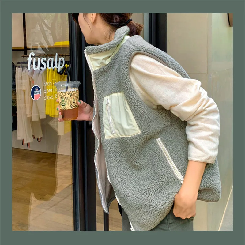 Berber Fleece Faux Fur Girls Vest Stand Collar Sleeveless Contast Color with Side Pockets Fashion Coat Vest