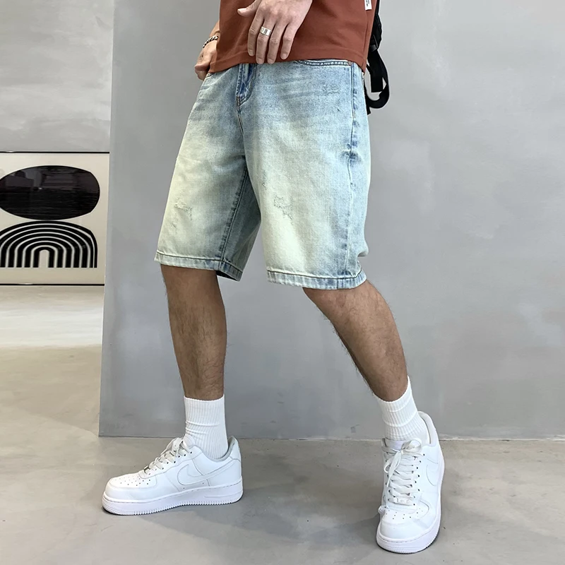 Light Colored High Street Trendy Brand Loose Straight Casual Men'S Denim Capris Summer Thin And Simple Retro Shorts
