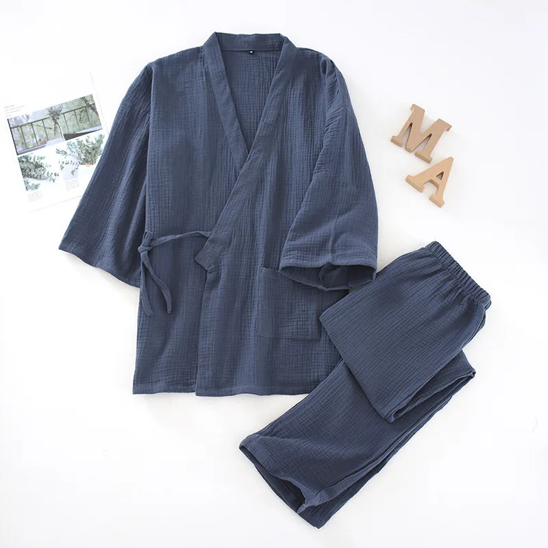 Men Women Japanese Yukata Kimono Pajamas Shirt Trousers Set Tracksuit Cotton Loose Fit Summer