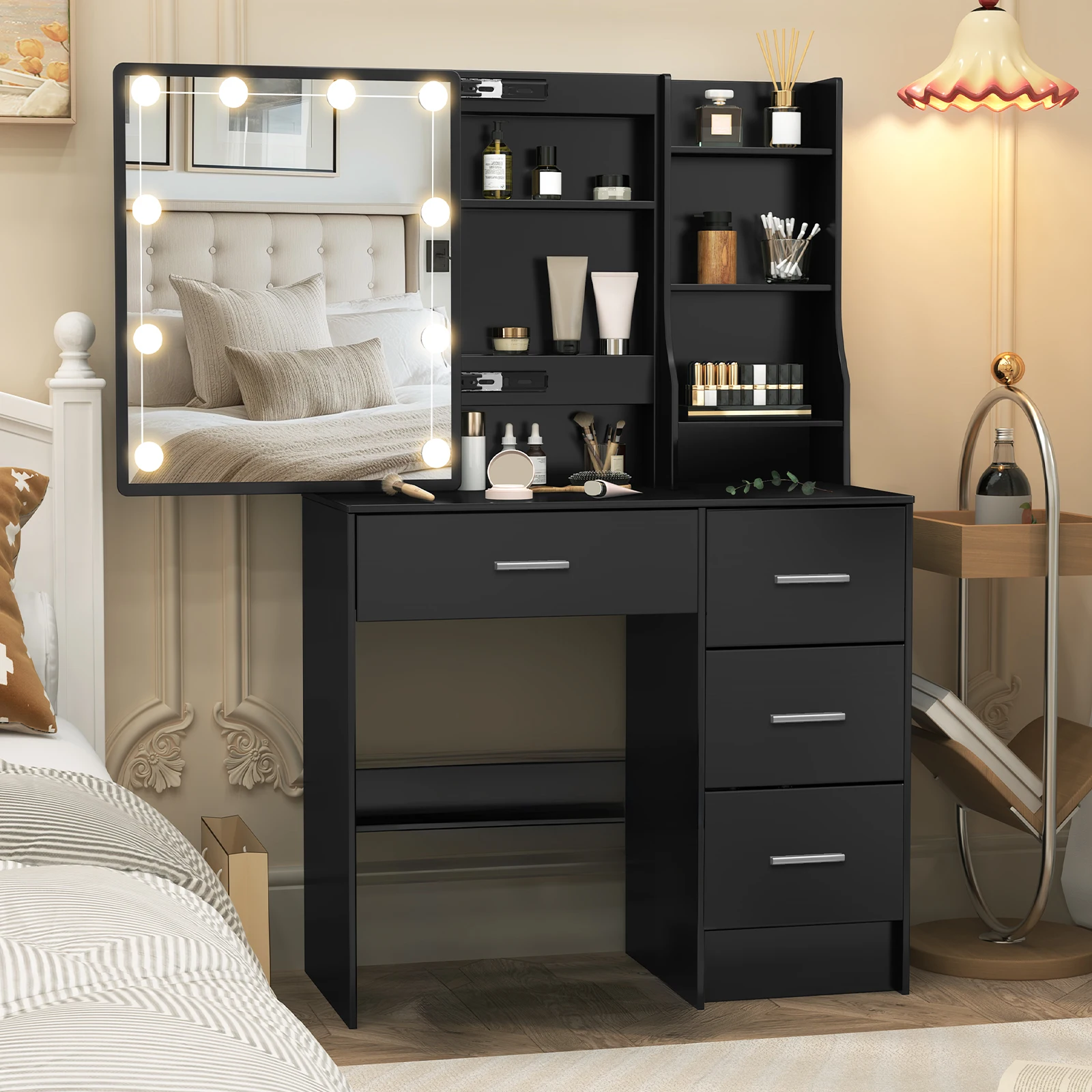 Black Vanity Table With Sliding Mirror &3 Models LED Lights Makeup Dressing Desk