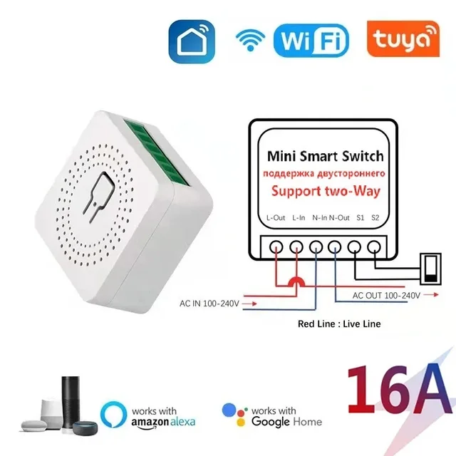 Tuya WiFi Smart Switch 16A  Module 2-way Control Mini Switch Breaker Smart Life Work With Alexa Google Alice 1/10pcs
