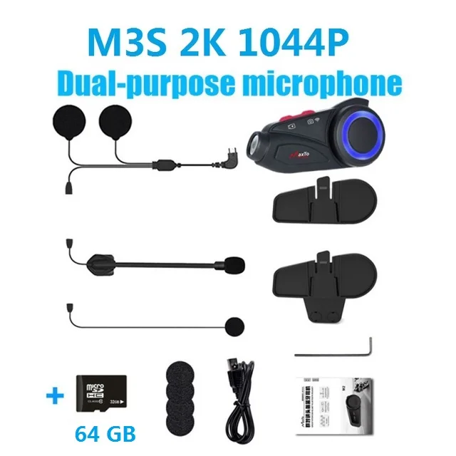 MAXTO M3S Motorcycle Camera Video Recorder 2k 1440P Helmet Intercom Group 6 Riders Bluetooth Wifi M3 DVR Dash Cam 64G Card Gift