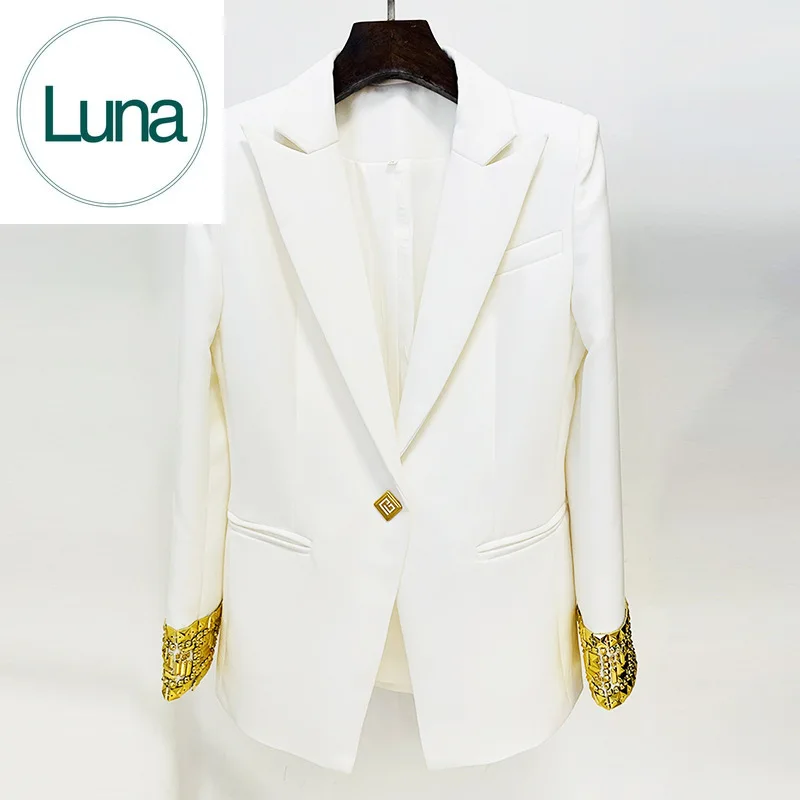 

Spot European and American 2023 Star Fashion Temperament New Cuff Heavy Work Nail Beads One Button Mid length Suit Coat