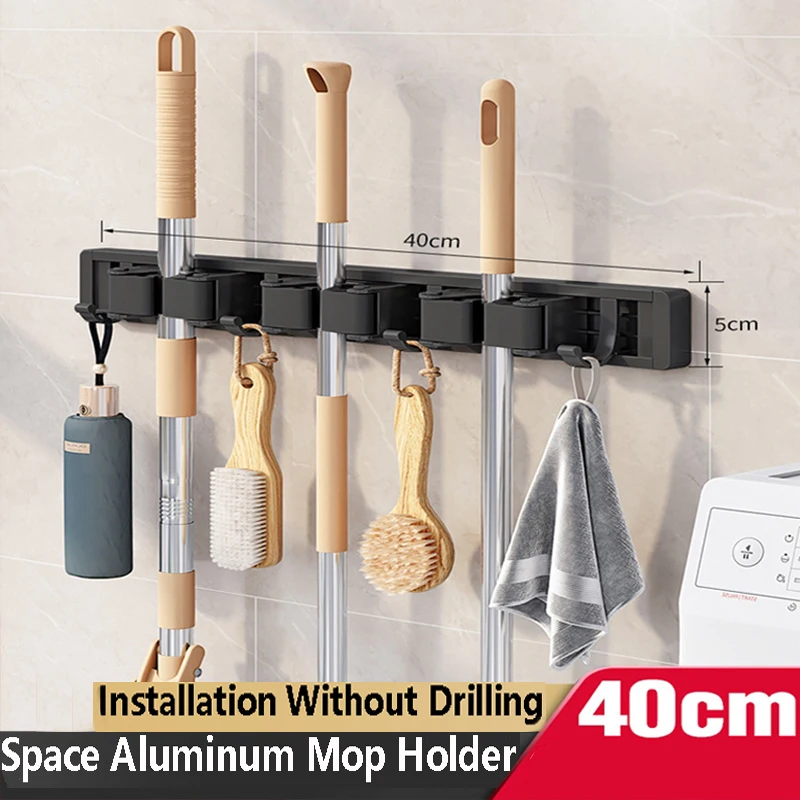White Mop and Broom Organizer Mop Holder Rack Mop Holder Wall Mounted Strong Bro
