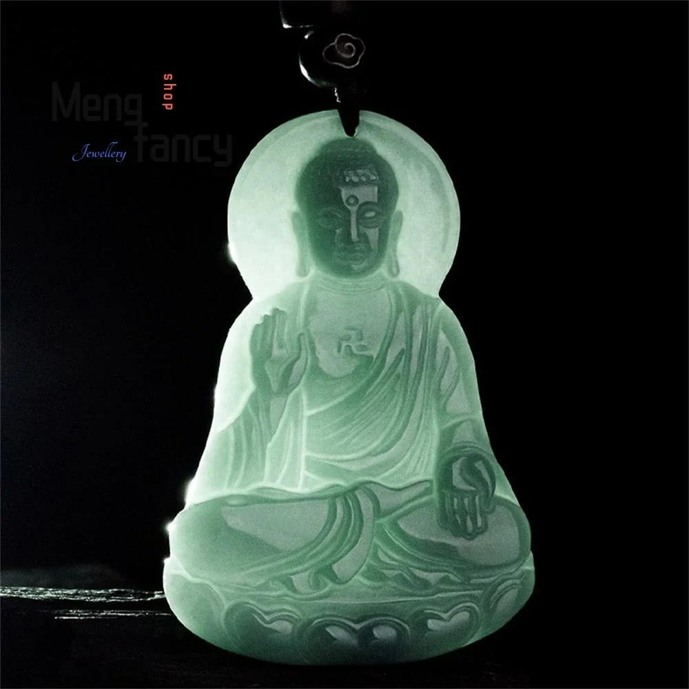 Natural A-goods Jadeite Blue Water Buddha Amitabha Pendant Superior Quality Exquisite Handicraft Fashion Jewelry Buddhist Amulet