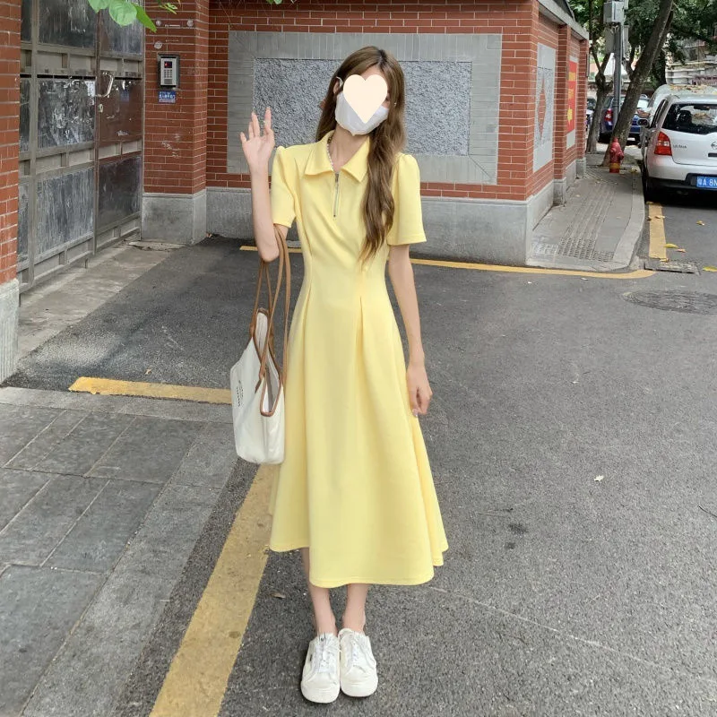 

Летнее пикантное платье с коротким рукавом, желтое платье-поло с воротником, женские черные длинные платья, тонкая модная Свободная рубашка с широким подолом, Y2k одежда