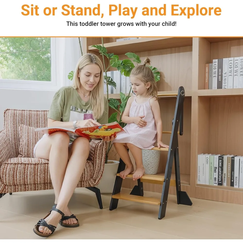 Foldable Adjustable Toddler Step Stool - Kitchen Bathroom Helper Tower for Kids 18 Months to 6 Years
