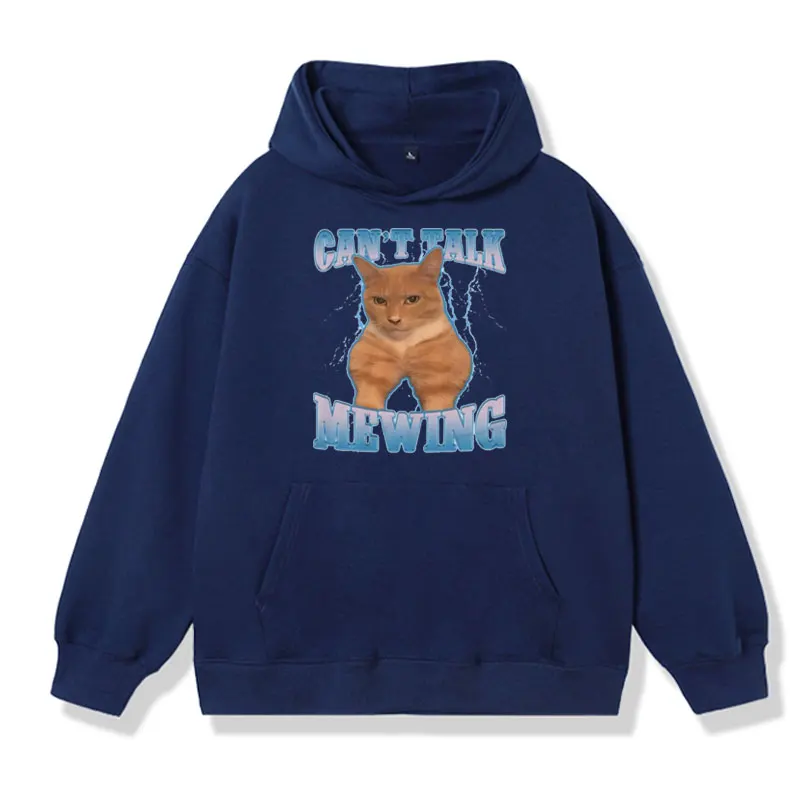 Can't Talk Mewing Funny Cat Graphic Hoodie Male Fall/winter Fashion Oversized Sweatshirts Men Women Vintage Harajuku Pullover