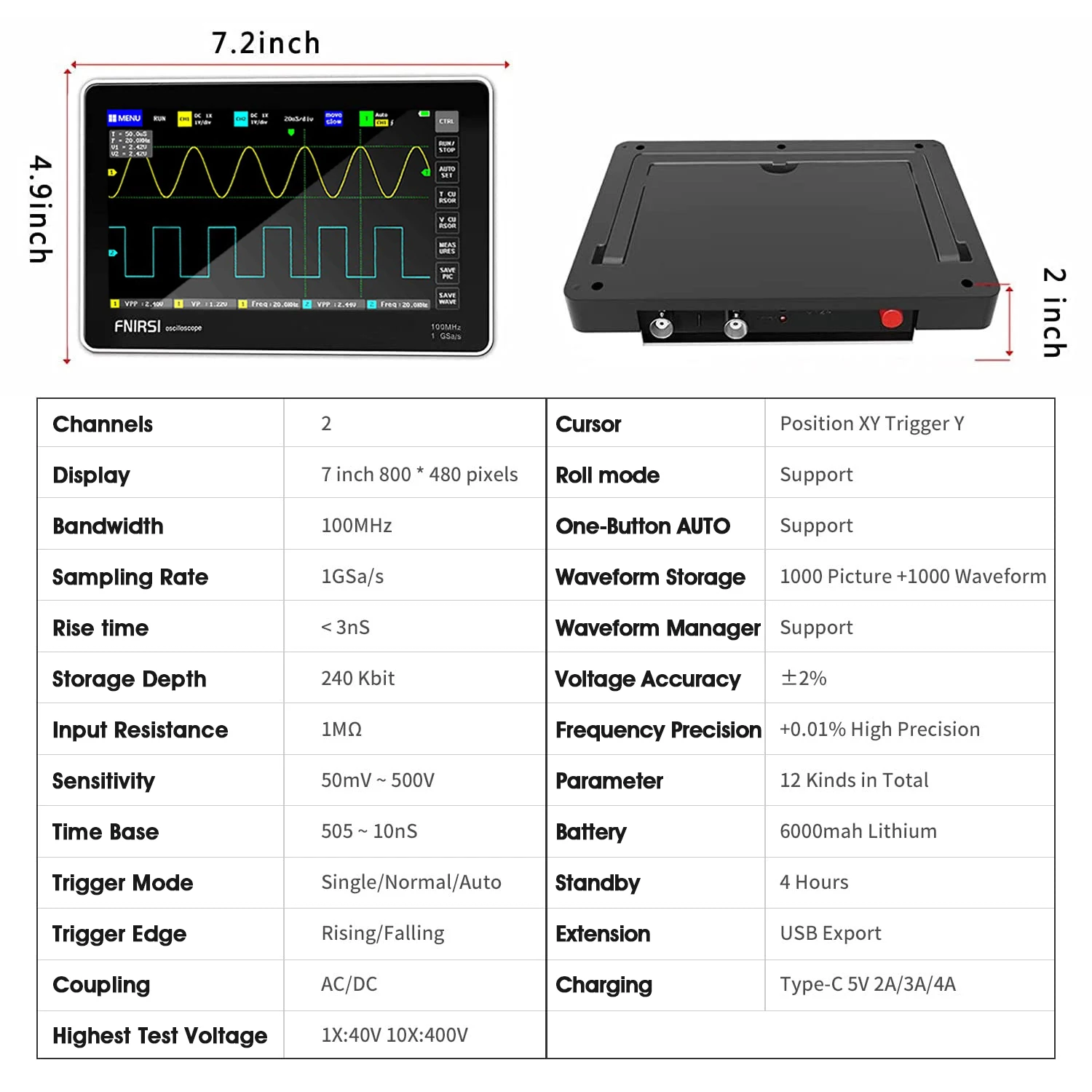 1013D Plus Oscilloscope Portable Handheld Tablet with 100X High Voltage Probe 2 Channels 100Mhz Bandwidth