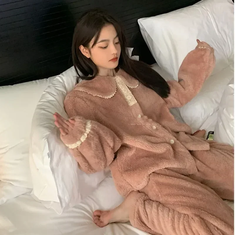 

2 Sleeve Warm Kawaii Set For Pajamas Suit Winter Pieces Sleepwear Coral Long Women's /sets Korean Home Flannel Heating Velvet