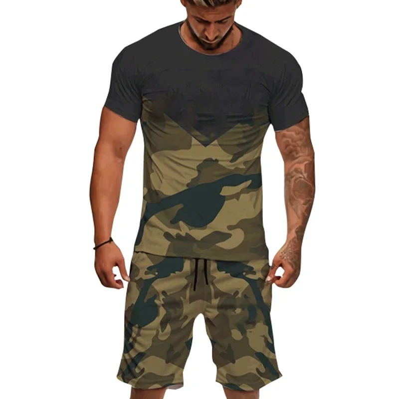 2023 Man Track Suit Summer Short Sleeve Tops And Camouflage Pants New Camo Patchwork T-Shirt