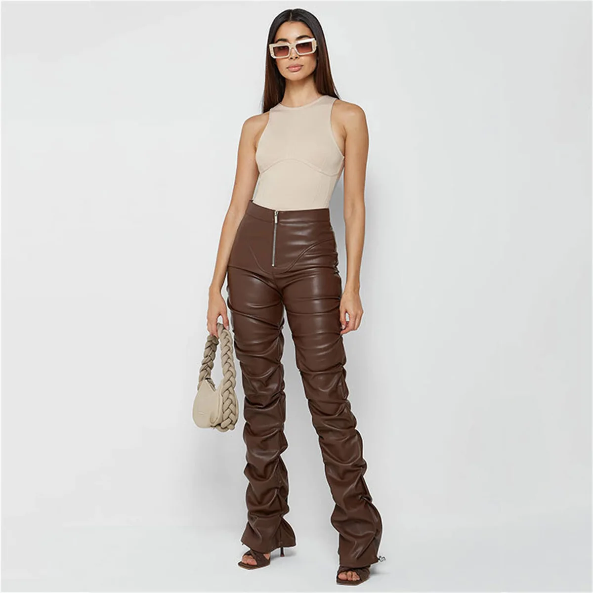 Leather Stacked Pants Booty Y2K Streetwear Trousers Sweatpants Women Fashion Clothes Elegant Sexy High Waist Casual PU Pant