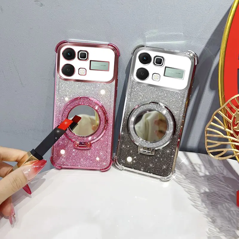 Glitter Four-Corner Shockproof Phone Case with Mirror Stand and Beaded Strap