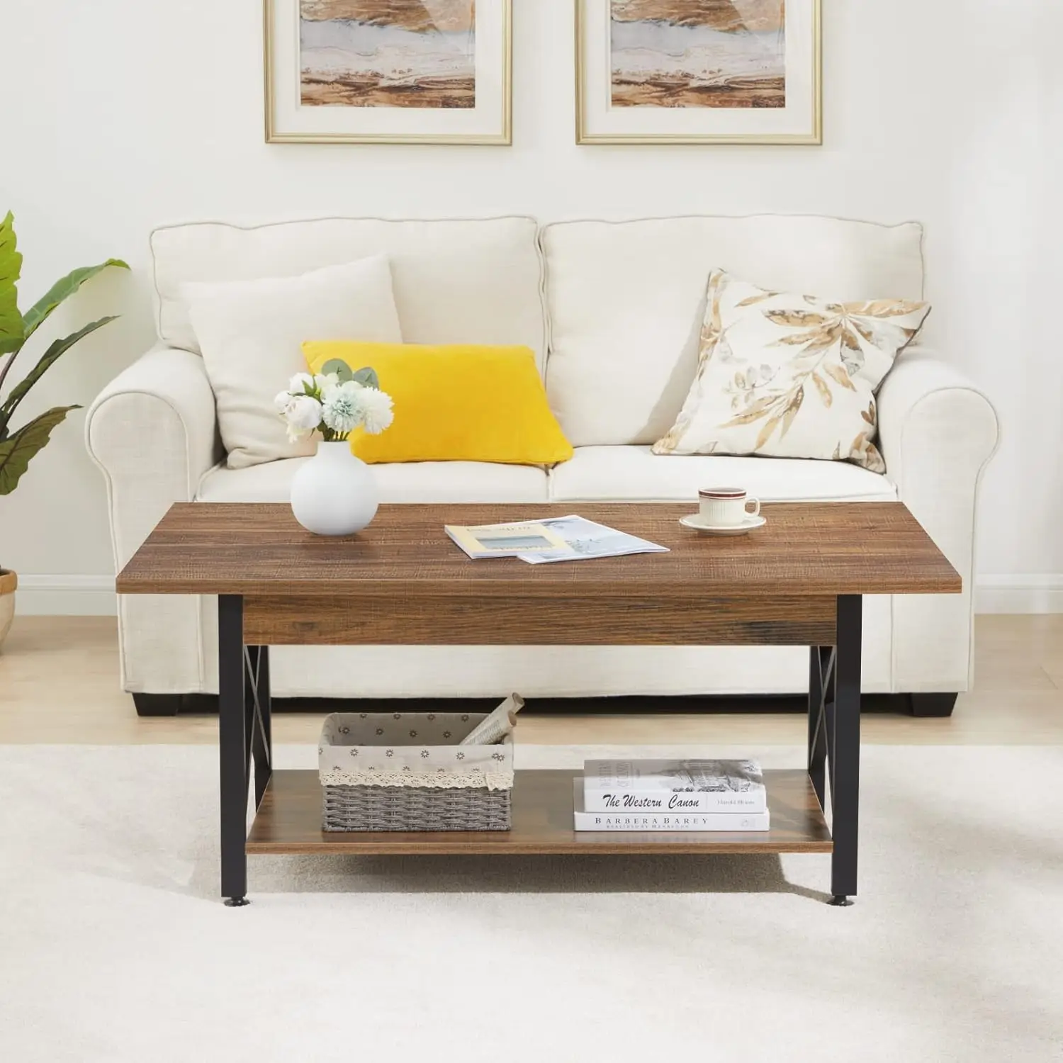Coffee Table with Storage, 39inch Modern Coffee Tables for Living Room X-Frame Design Farmhouse Coffee Table Space Saving Living 5