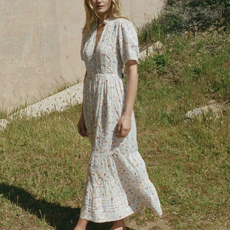

2023 Summer New Women's Bubble Short Sleeve Dress Retro Countryside Floral Print Long Dress Front Button A-line Skirt