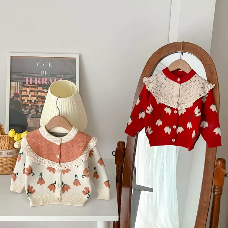 

Ins 2023 New Spring Autumn Baby Girls Knit Cardigan SweaterPeter Pan Collar Flowers Pattern Little Girl Knitting Jacket GY10011