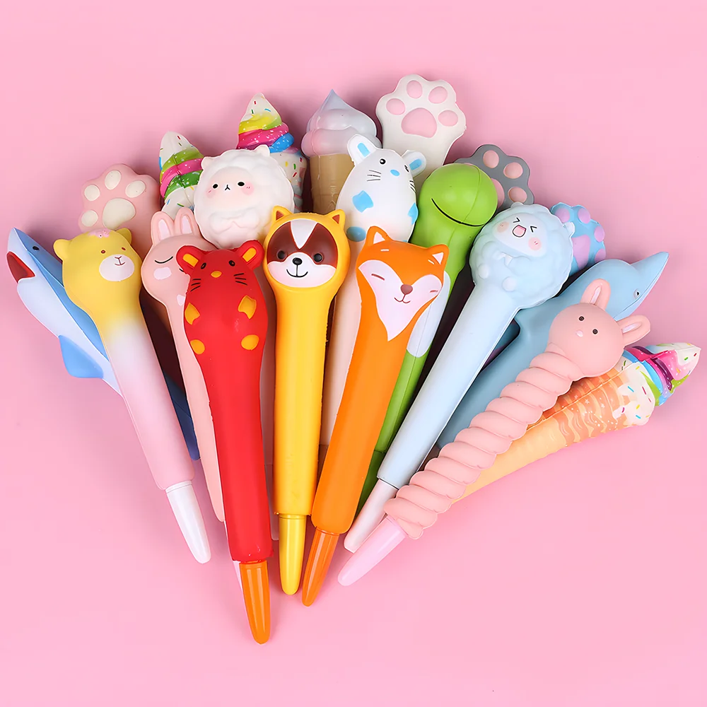 Cute Pens Squishy Kawaii Fidget Squeeze Gel Pen Fluffy Stress Relief Foam Spinning Kids Aesthetic Stationery Ballpoint Funny Toy 4