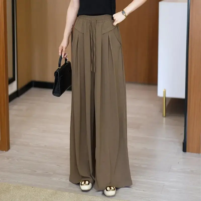 Spring Women 2024 Thin Style Sagging Sensation High Waisted Appear Thin Solid Color Pants Summer Loose Pocket All-match Trousers