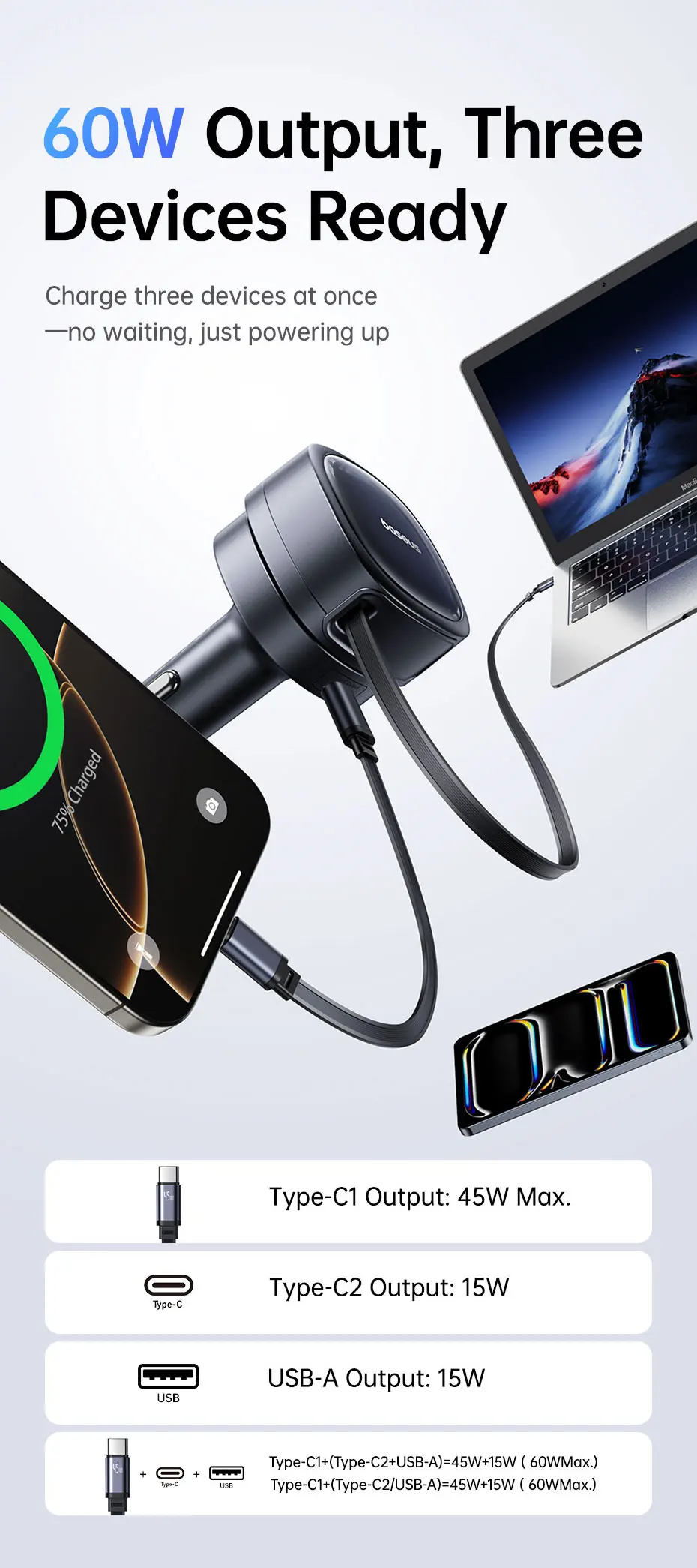 60W Car Charger 45W Retractable Cable 3 Ports Fast Charging 180° Rotating Car Ph
