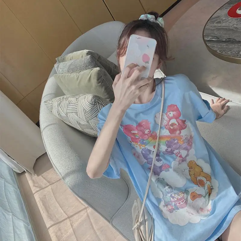 

Новинка футболка с принтом радужного медведя коллекция Лето Kawaii Love Bear круглый вырез с коротким рукавом рубашка модный Свободный Топ подарок