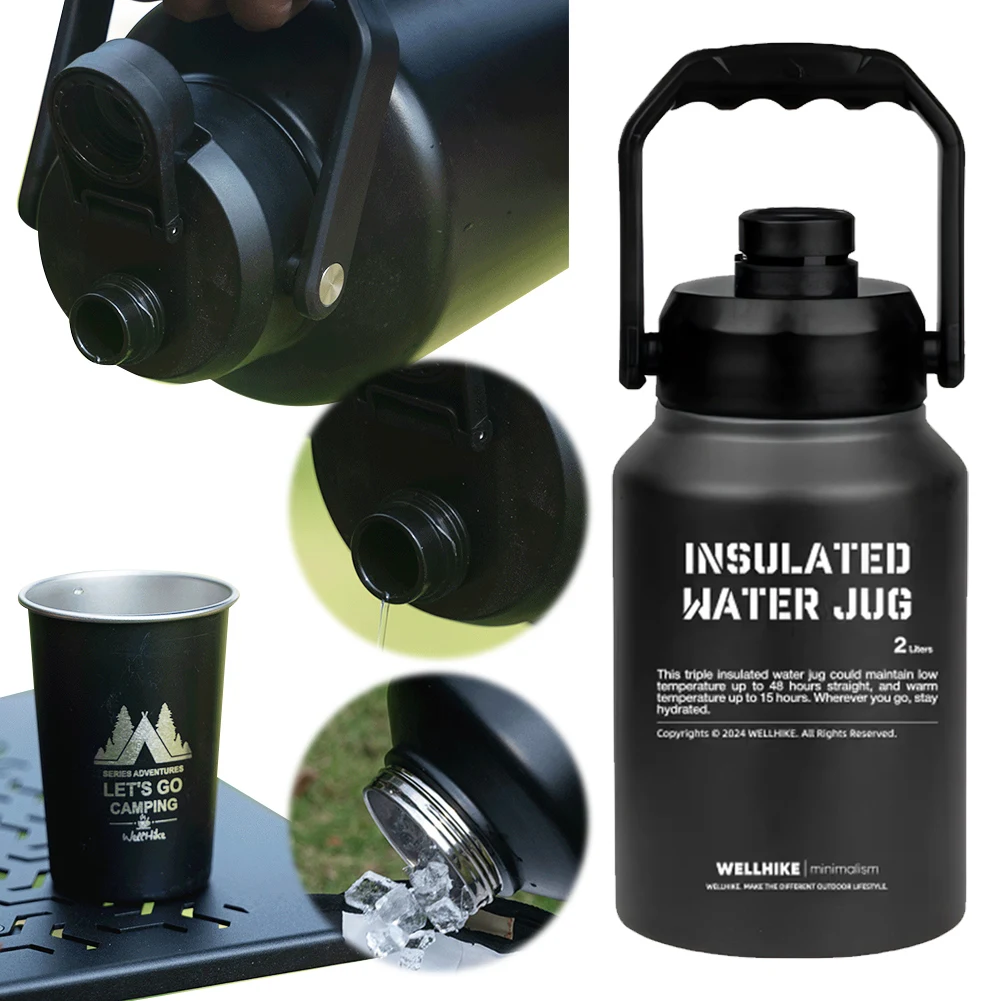 2L Insulated Water Bottle Handle Gym Training Water Bottle Stainless Steel Portable Cup Outdoor Sports
