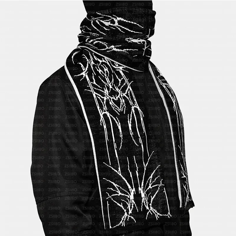 Winter Fashion creative Gothic striped knitted women's scarf men's Y2K scarf apron black tassel luminous Kpop women luxury