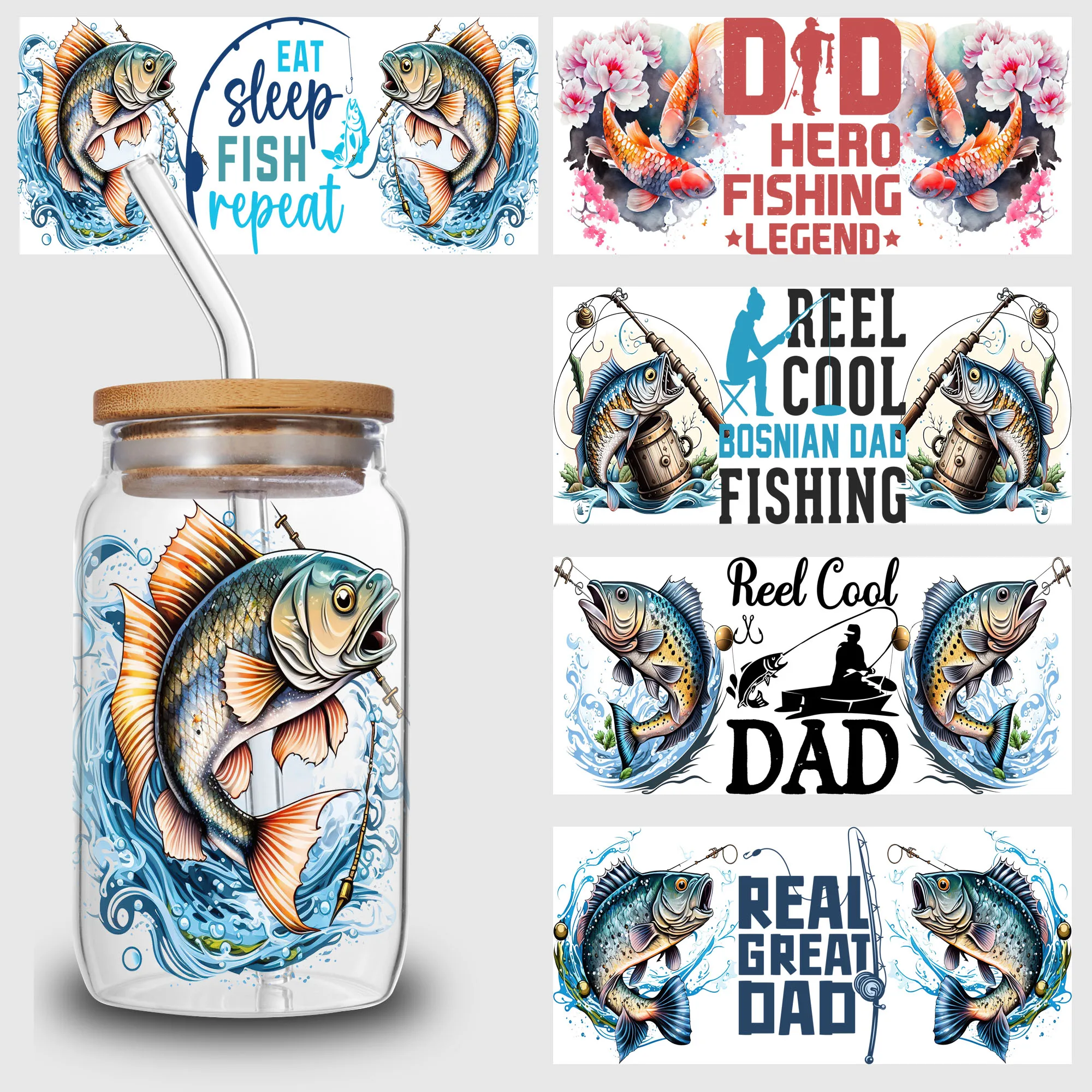 5 Sheets Fishing Dad UV DTF Cup Stickers, Sport DTF Transfer Stickers for Glass, Waterproof Friction Transfers, for 16 oz Glass,