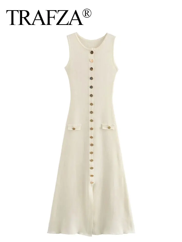 HH Women Elegant Solid Knitted Dress Single Breasted O Neck Sleeveless Dresses With Pockets Slim Midi Dress Office Lady