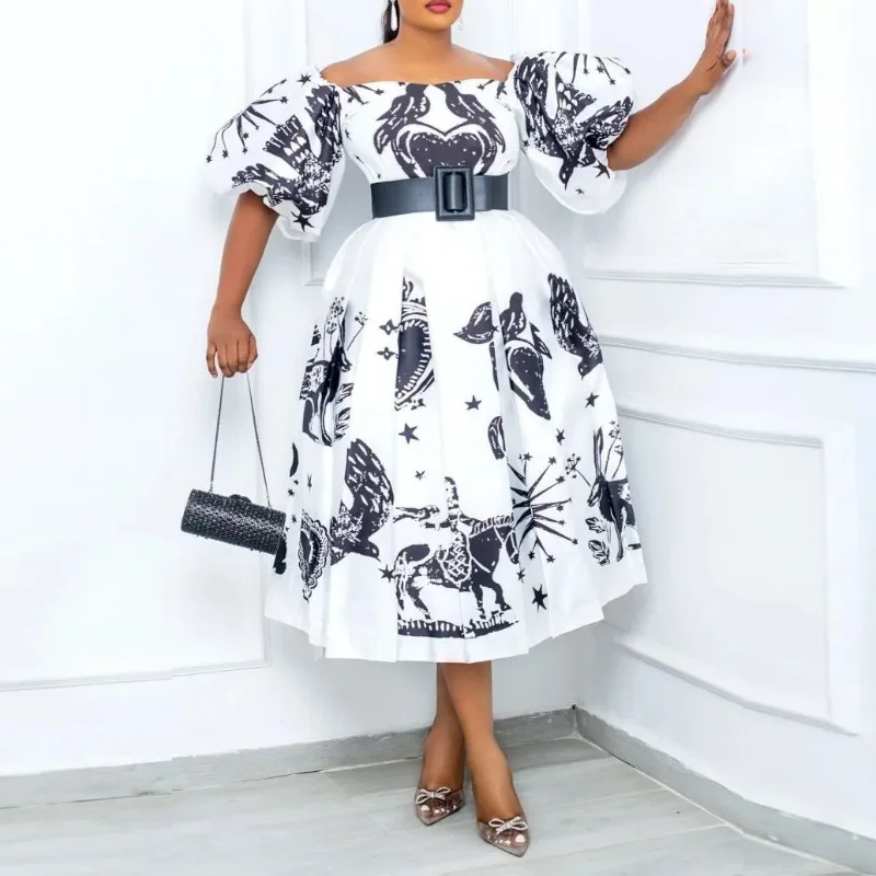 

African A Line Dress Women Lantern Sleeve High Waist Dashiki Africa Clothing 2023 New Fashion Elegant Party Dress Vestidos