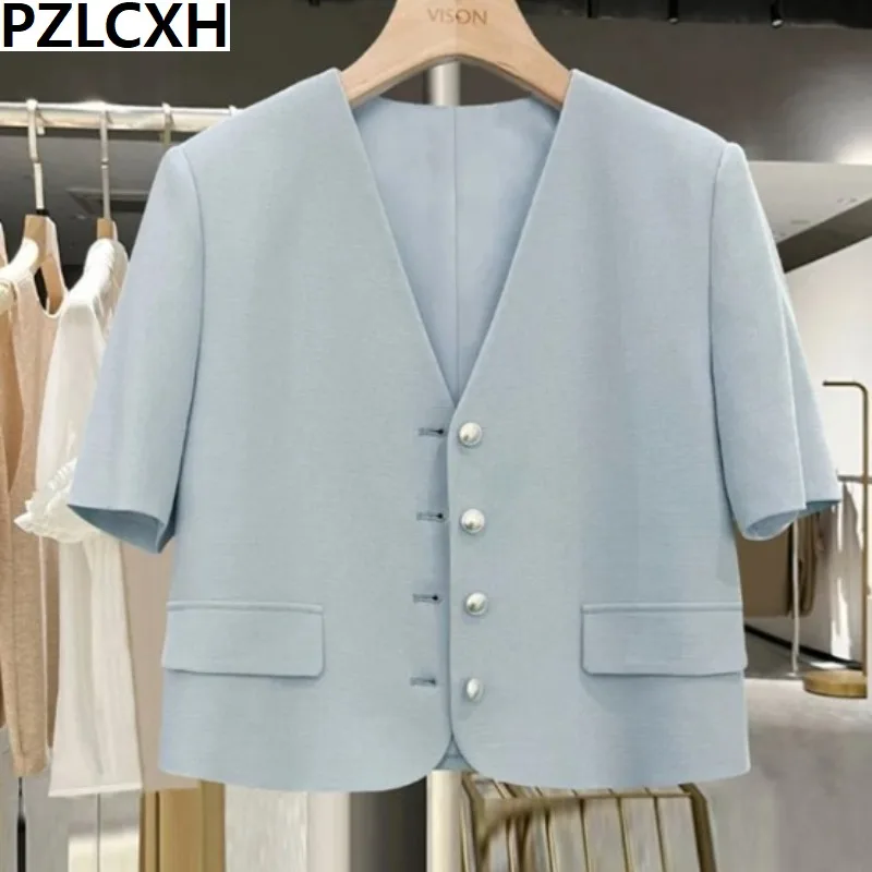 Pzlcxh Thin Blazers for Women 2023 New Fashion Casual Short Sleeves Single Breasted Crop Blouses Vintage Loose V Neck Coat