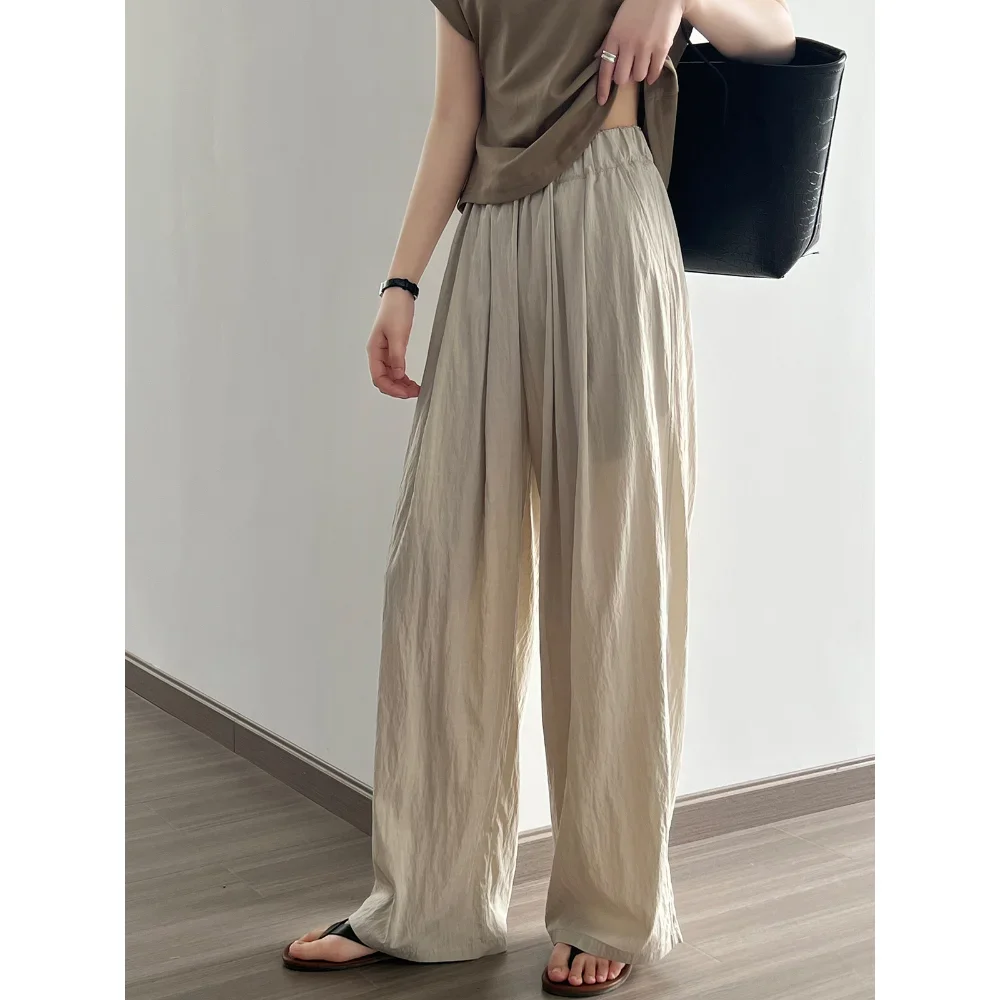 Thin Pleated Casual Pants for Summer Women Viscose Straight Leg Trousers Japanese Lazy Drape Loose Wide Long High Waist Coffee stylish front split flare jeans vintage ripped stretch high waist skinny denim pants blue coffee denim trousers 2022 fashion