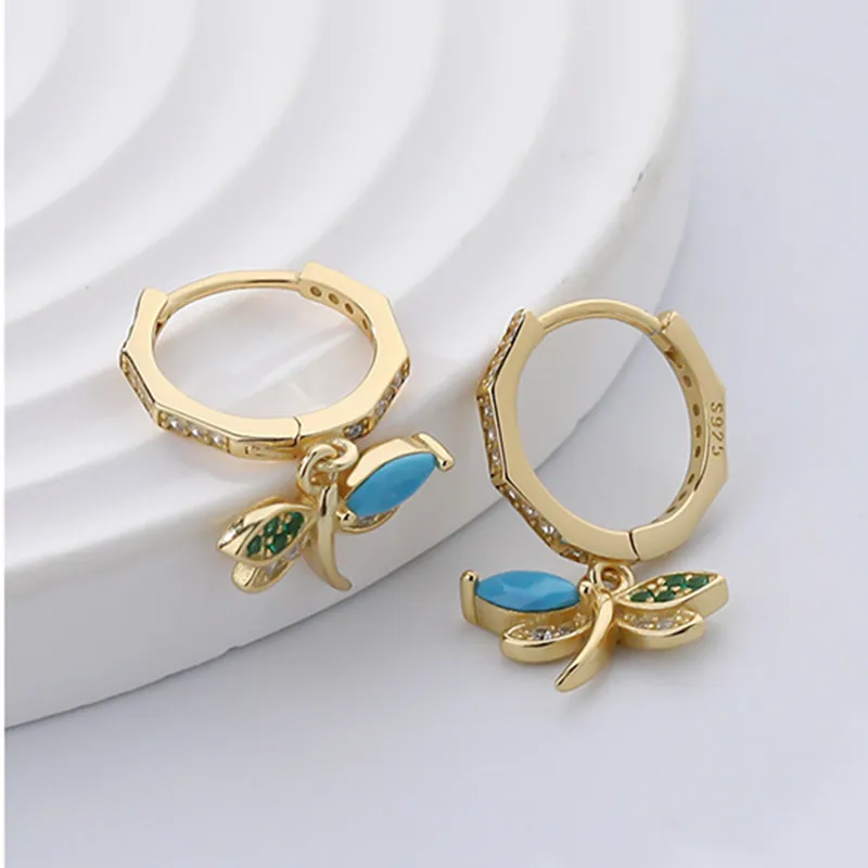 

New Women 925 Pure Silver Ear Studs Champagne Gold Dragonfly Turquoise Geometric Zircon Earclip Fashion Jewelry Couple Gift