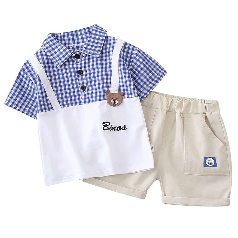 

Kids' Wear Boys Summer Suits 2022 New Children's Handsome 2-Piece Set Tide Summer Short-Sleeved Plaid T-Shirt Clothing